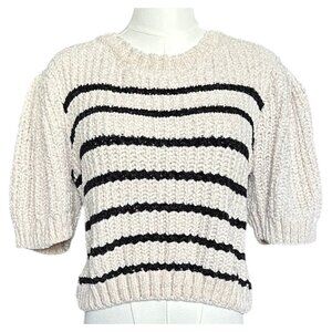Cropped Puff Sleeve Striped Knit Sweater Cream Black Size M